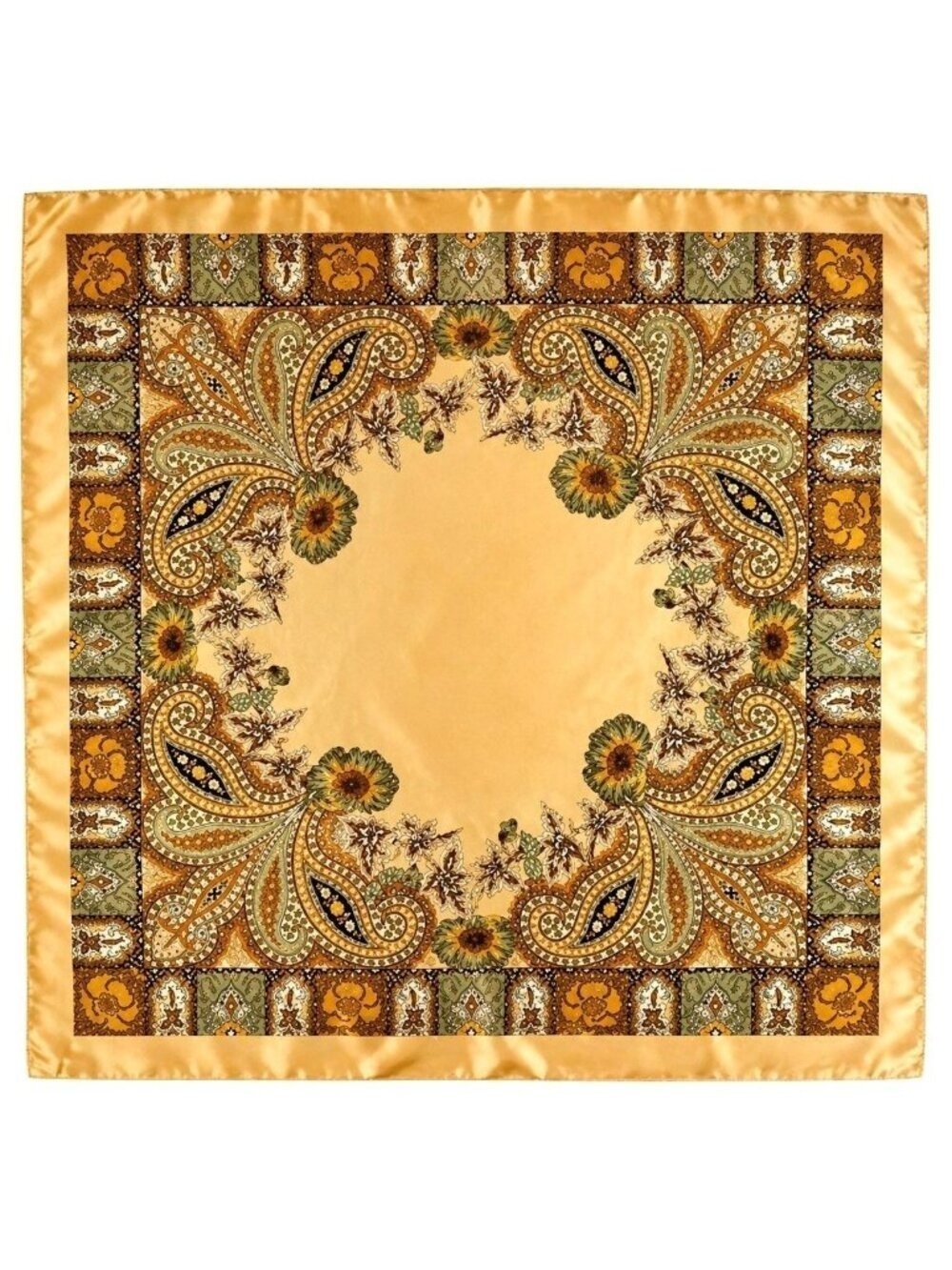 Luxury Paisley Floral Satin Scarf for Women – 35” Square Golden Honey Gold Sage